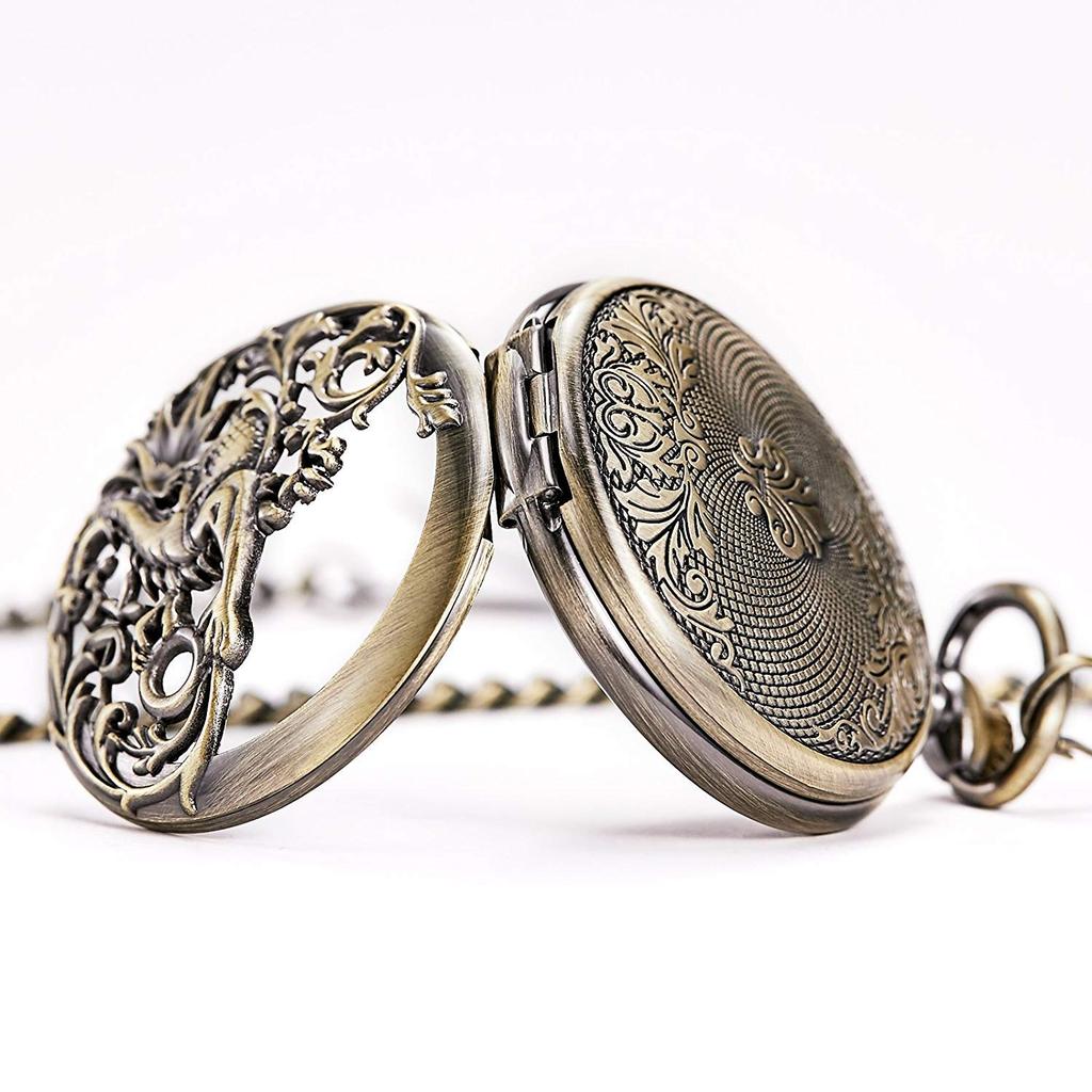 TREEWETO Mechanical Pocket Dragon Roman Bronze with Chain Hand-Winding Watch, Double-Sided Cover, Openwork, Numerals, Skeleton,