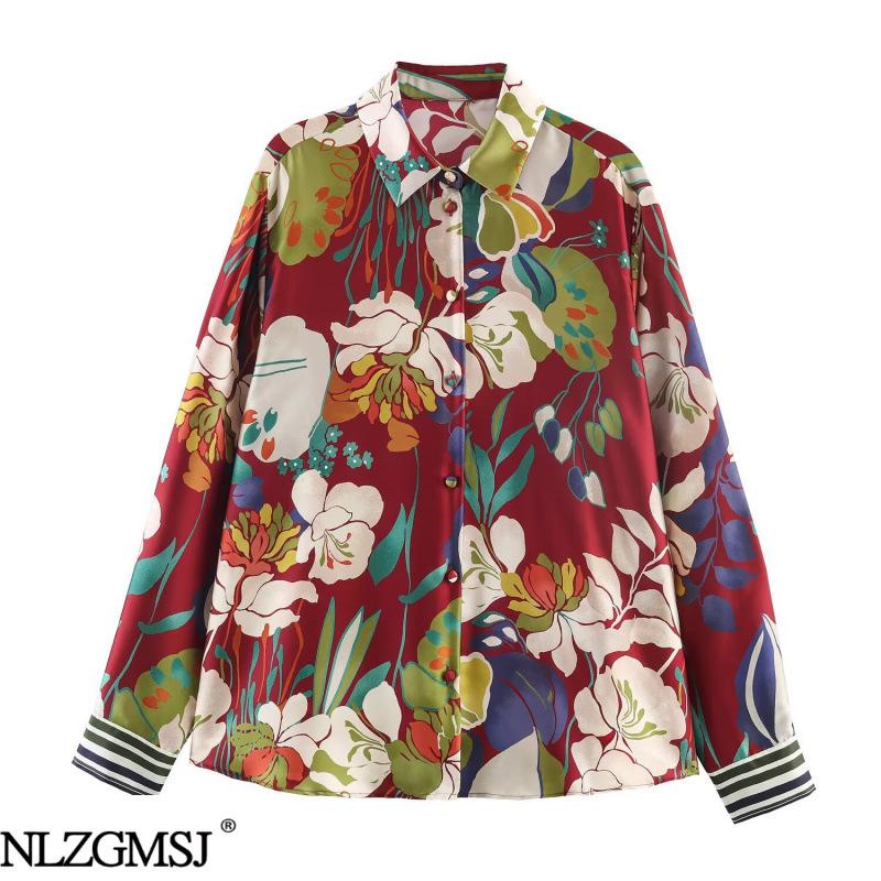 European & American Floral Satin Shirt - 2026 Collection XS