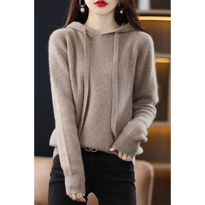 Women's 100% Cashmere Wool Hooded Sweater: Cozy Autumn/Winter Knitwear with Large Hood, Plus Size Options Available.
