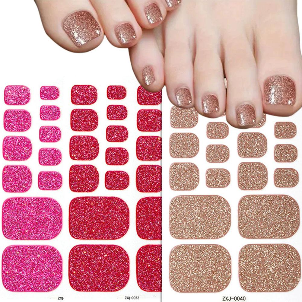 22Tips Vibrant Glitter Toenail Stickers Solid Color Full Cover Toenail Polish Strips Summer Self Adhesive DIY Foot Decals