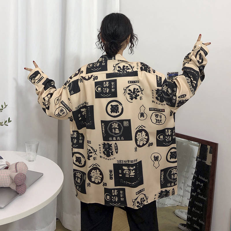 Harajuku Blouse Couple Shirt Women Men Clothing Blouses Bf Long Shirts Spring Autumn Turn-down Collar Casual Top