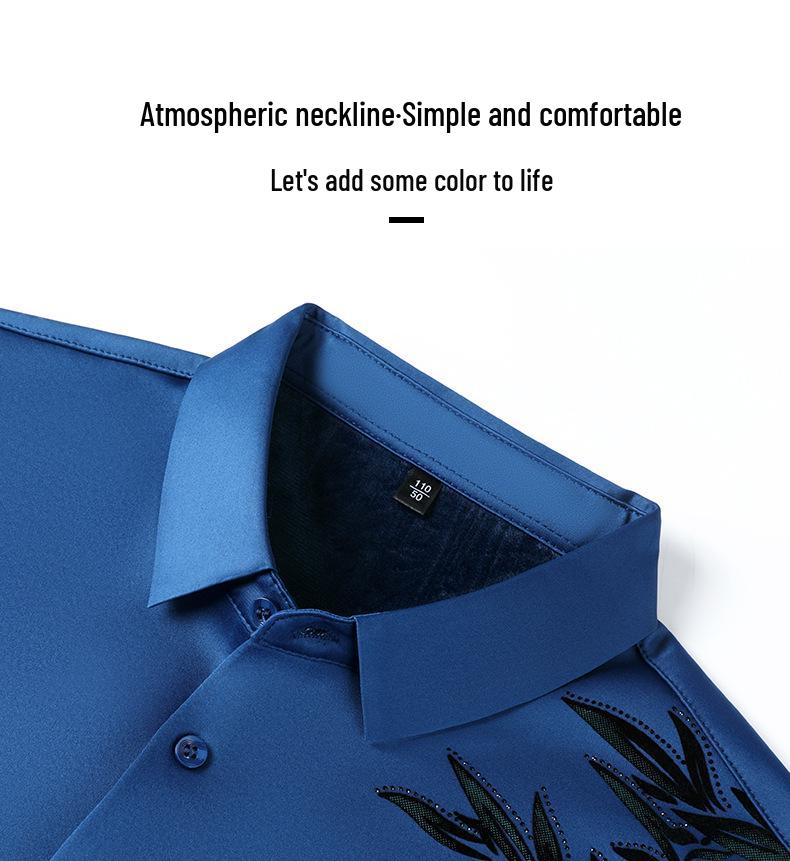 Herrskjorta i kinesisk stil med fleecefoder och stretch - Sömlös, skrynkfri, varm, långärmad, krage