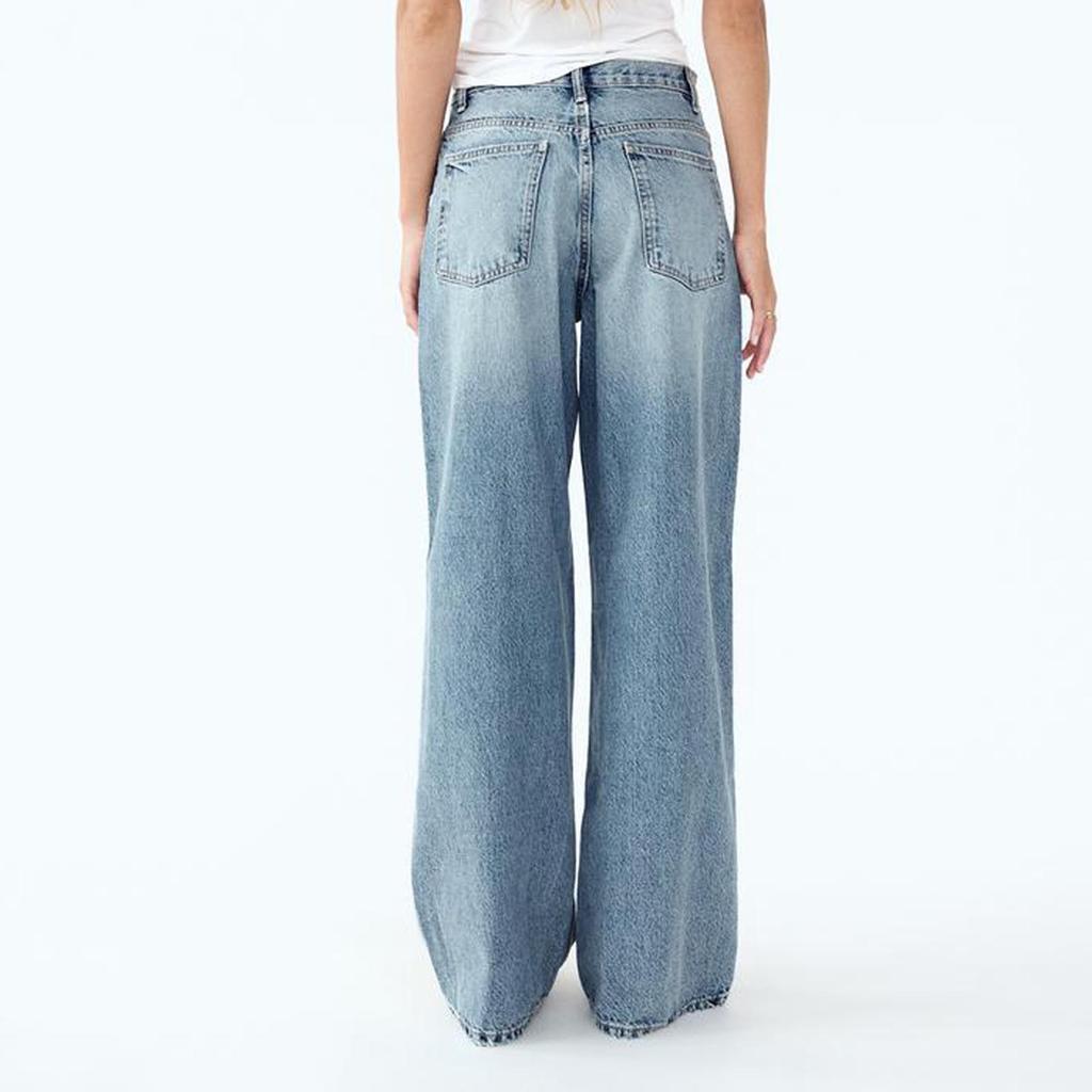 Women's Casual Fashion Color Elastic Waist Pockets Wide Leg Straight Jeans Pants