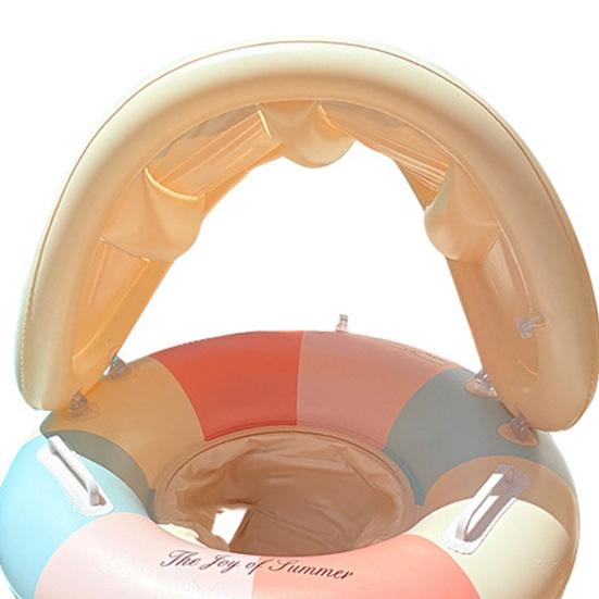 Baby Pool Float with Canopy Vintage Striped Inflatable Swim Ring with Safety Seat