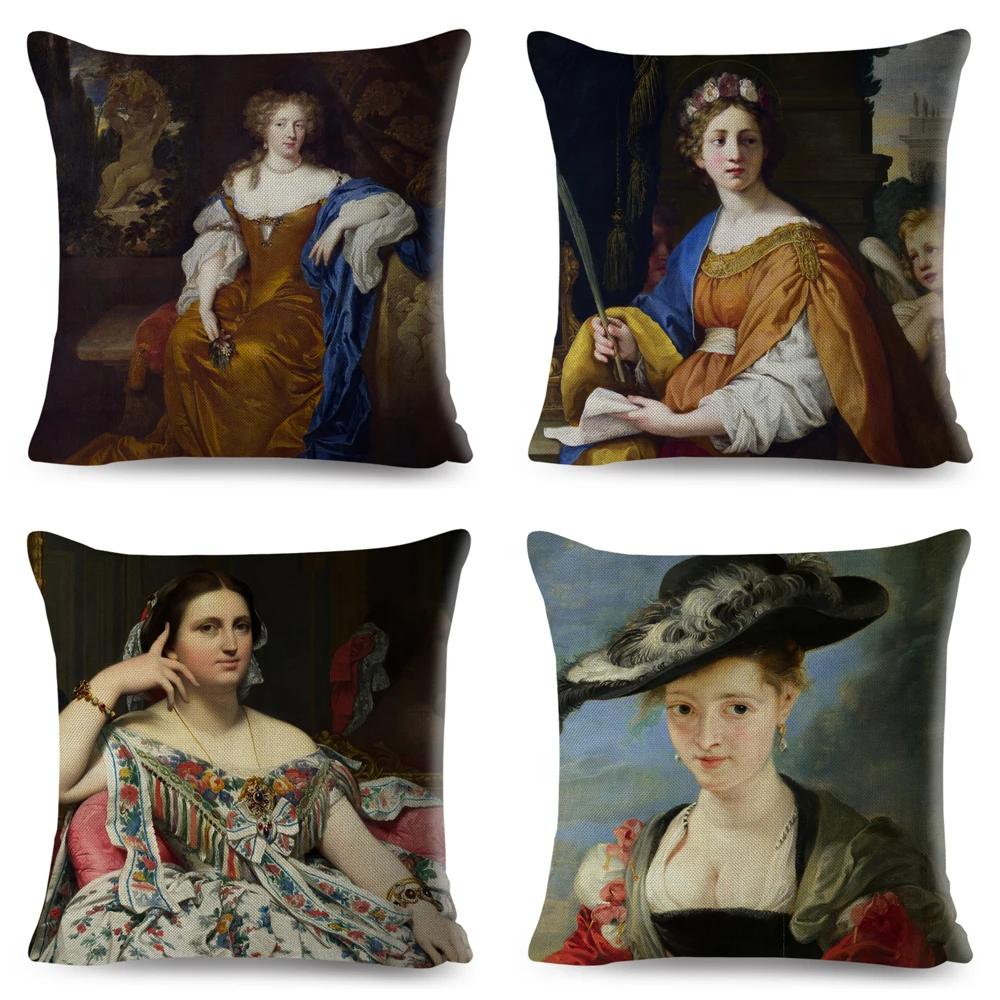 Vintage Style Woman Cushion Cover Decor Europe Lady Girl Print Pillowcase 45*45Cm Polyester Pillow Case For Sofa Home Car