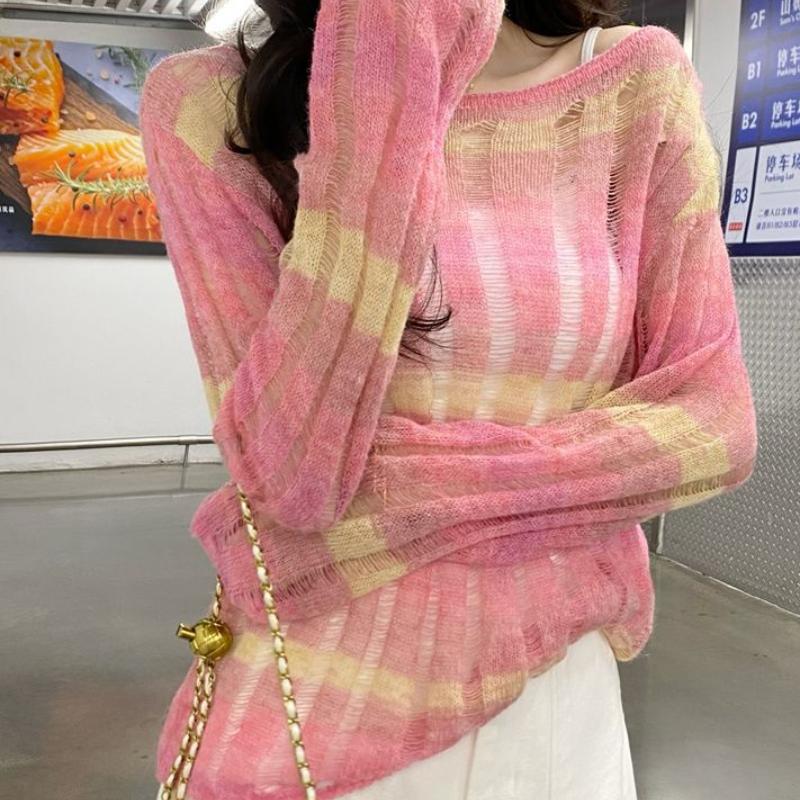 Rainbow Stripe Thin Sun Protection Cover-up Women's Spring Spicy Girl Designed Hollow-out Knitwear Crew Neck Top