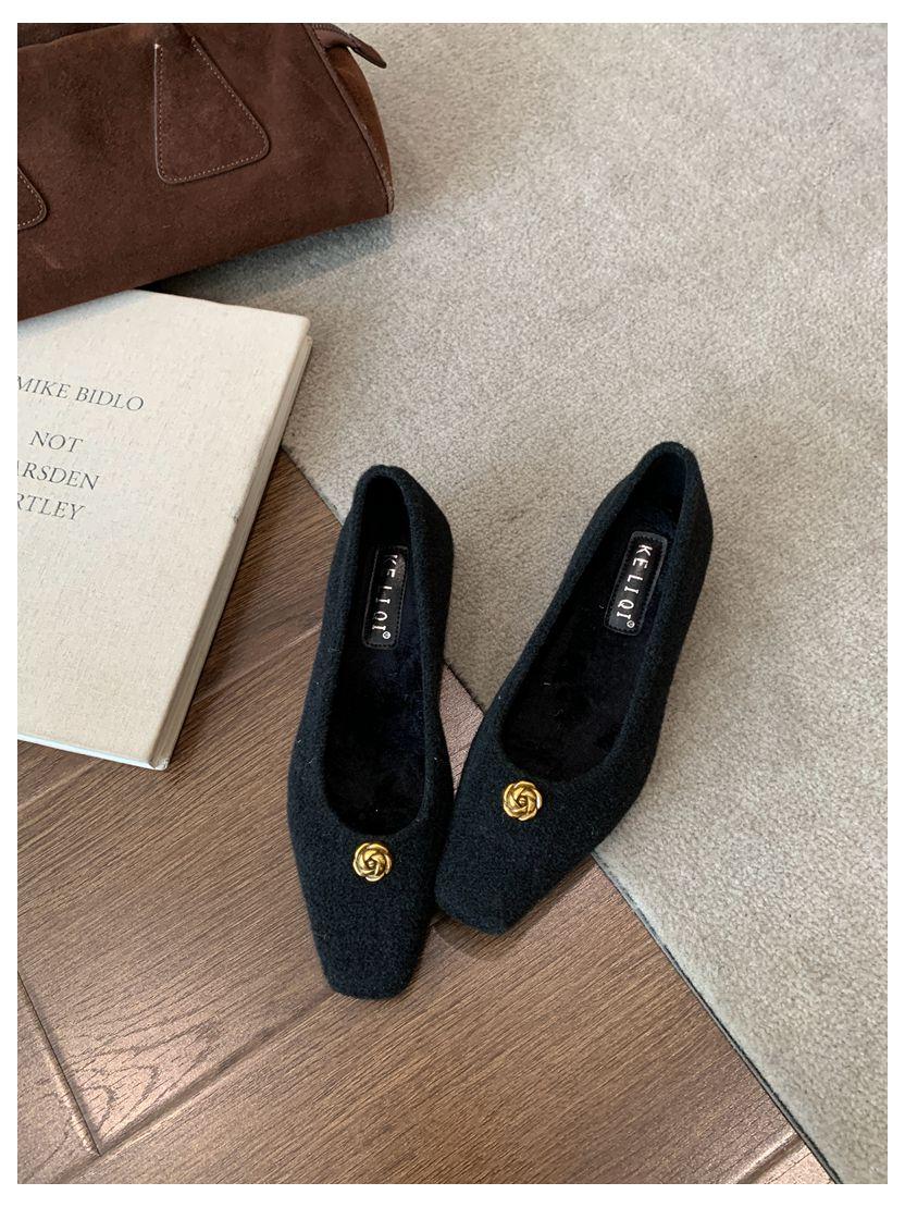 

New 2025 Fashion Square Toe Fleece Flet Ballet Flats Woman Autumn Spring Warm Wool Mary Jane Shoes Ladies Elegant Plush Loafers 35