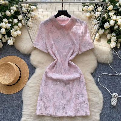 Summer Women Sweet Peter Pan Collar Pink Sequined Mini Short Fairy Princess Party Dresses
