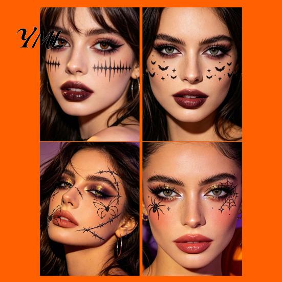 Water Transfer Body Stickers Halloween Makeup Eye Temporary Tattoos, Waterproof Spider Web Bat Eyeliner Scary Face Decals Shadow Tattoo Sticker