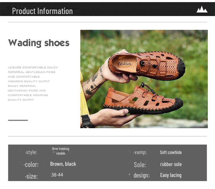 Atmungsaktive Sommer-Strandsandalen 2024 aus echtem Leder für Herren – weiche Sohle, hohles Design.