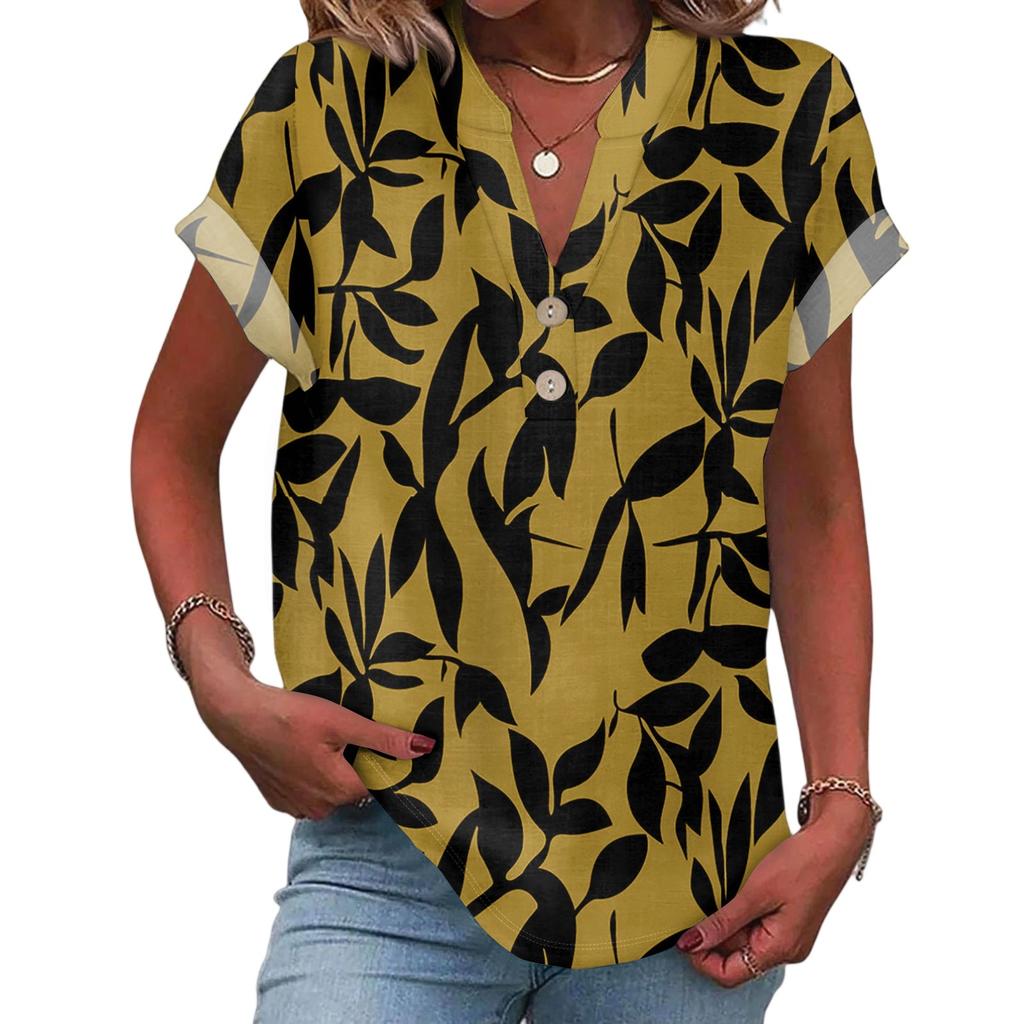 Ladies Casual Fashion V-Neck Button Floral Print Short Sleeve Top