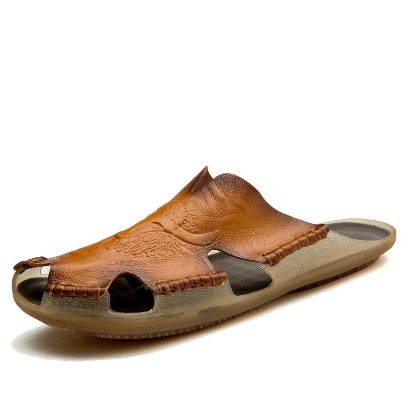 Plus Size Men's Breathable Leather Closed-Toe Sandals - Lightweight One-Strap Casual Beach Shoes