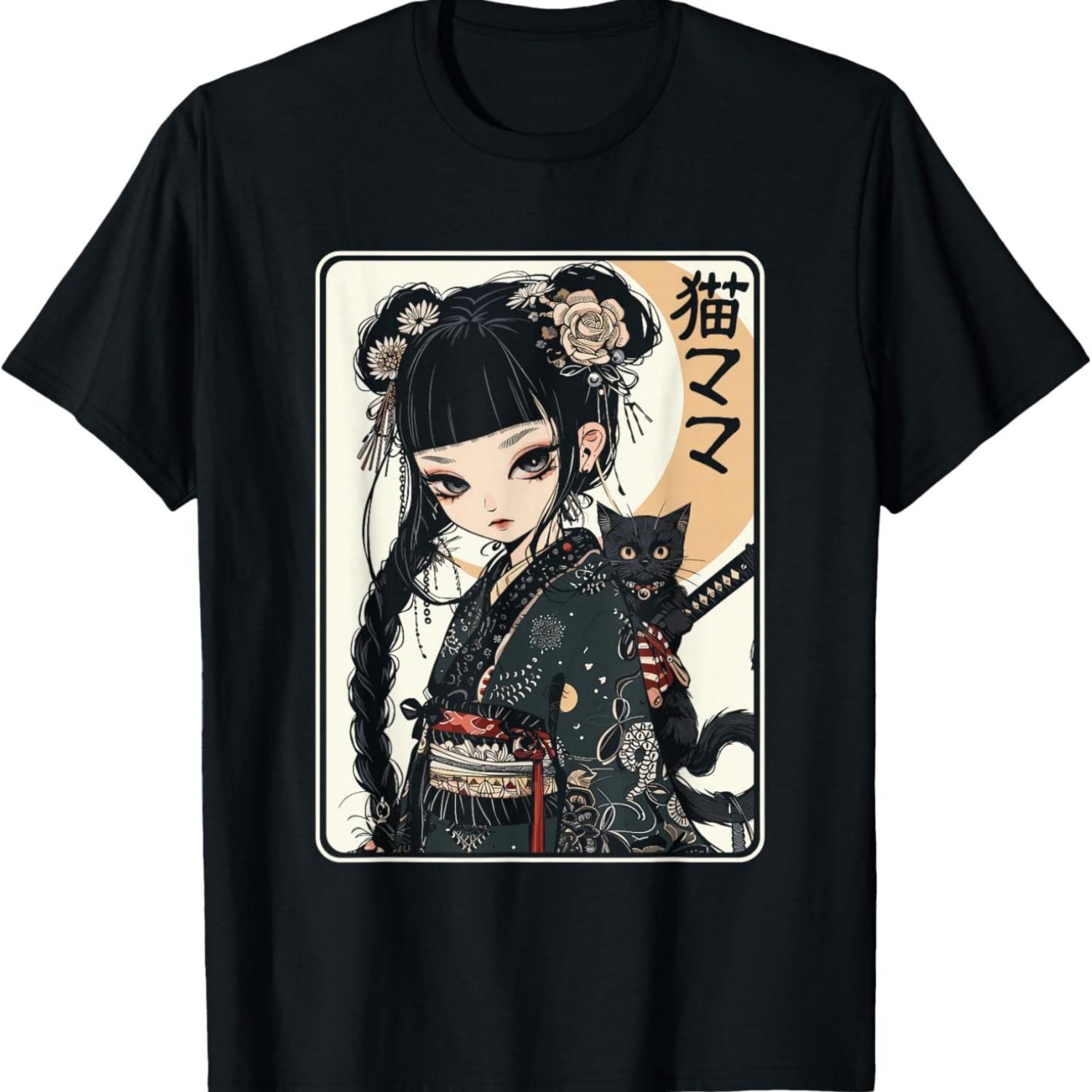 Gothic Kawaii Anime Samurai Cat Mom Woman Girls T-Shirt(4) S чёрный