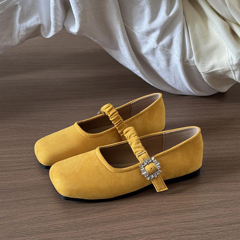

Мода Comemore Весна Осень Плоские Туфли Одинарные Замшевые Однотонные Квадратный Носок Туфли Мэри Джейн Пряжка со Стразами Темпераментные Балетки Мокасины 35 жёлтый