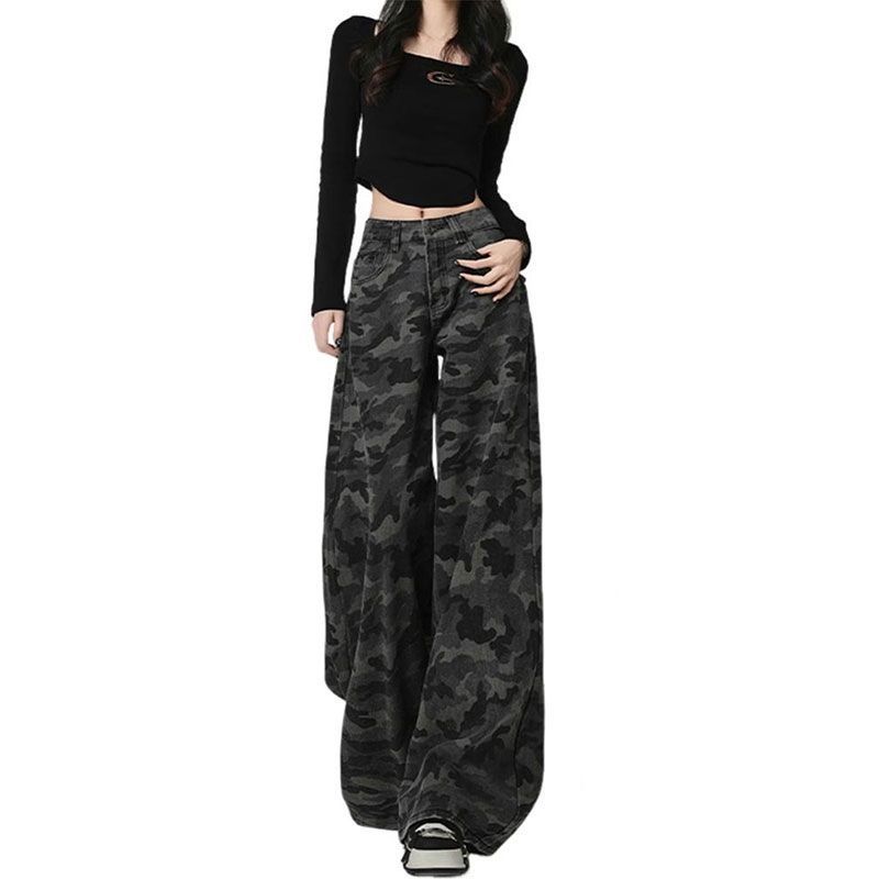 American retro camouflage wide-leg jeans women's autumn 2025 new loose straight high-waisted large-size tooling pants