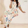 Women Plus Size Two Piece Set Round Neck Short Sleeve Floral Printed Long Top And Fitted Pants