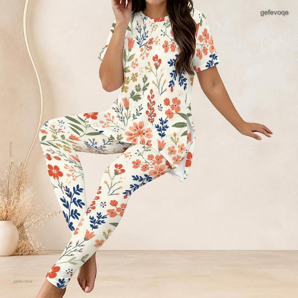 Women Plus Size Two Piece Set Round Neck Short Sleeve Floral Printed Long Top And Fitted Pants