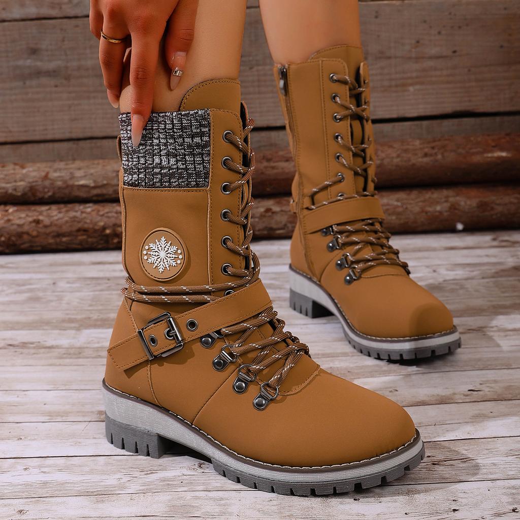 2025 winter new medium women's boots round head square heel leather buckle wool splicing Martin boots large size snow boots