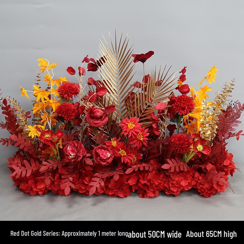 Red Theme Wedding Decoration Set: T-stage, Welcome Area, Ground Row, Aisle, and Flowers in Chinese Style.