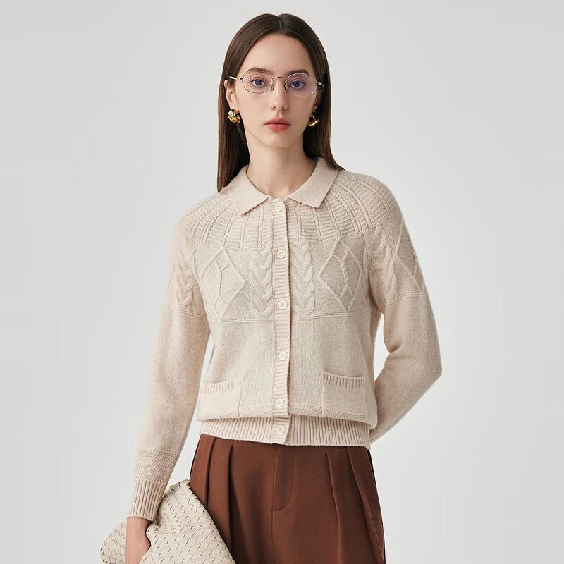 Zhao Jun Women's Thick 100% Wool Cable Knit Polo Collar Cardigan