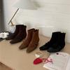 Low Heel Splicing Suede Square Head Short Boots Women'S Autumn And Winter Skinny Boots Belt Buckle Brock Short Boots