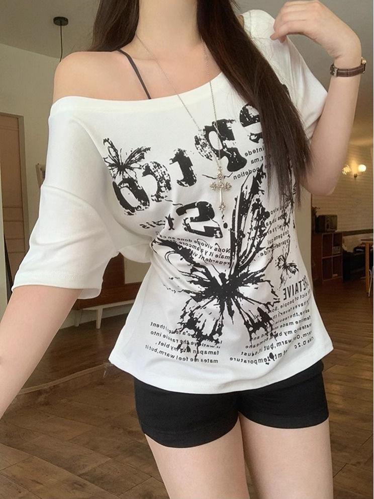 T-shirt d'été asymétrique épaules dénudées grande taille pour femme 2025