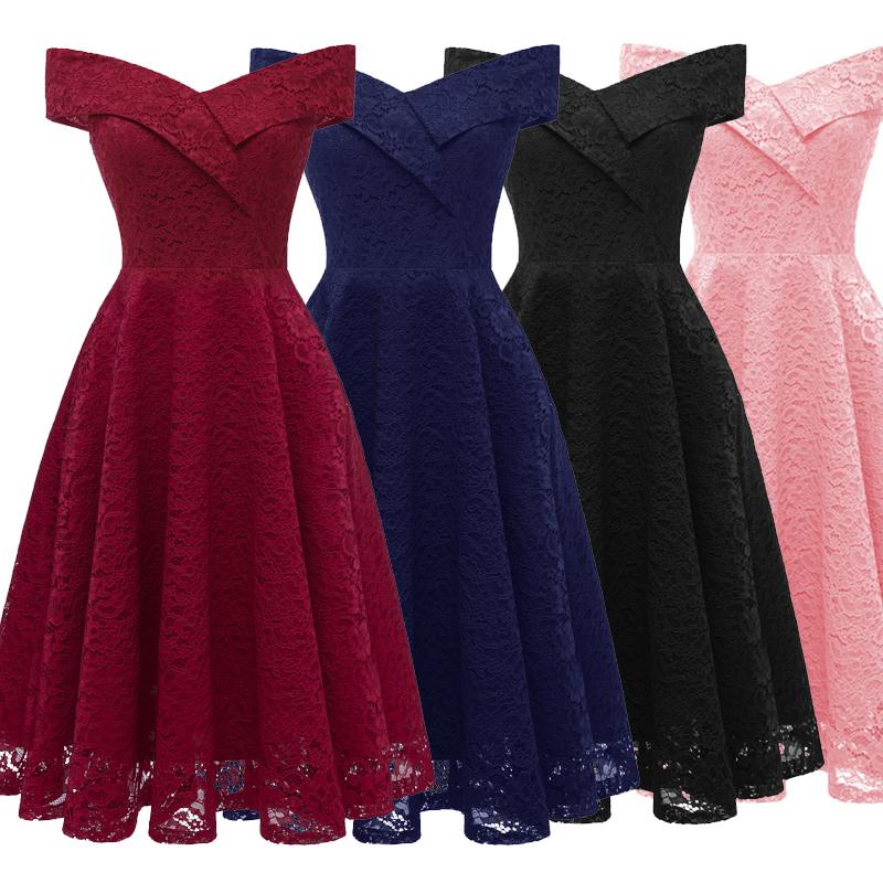 Nuevo Vestido de Encaje Vintage Bordado para Mujer Fuera del Hombro Manga Corta Casual Noche Elegante