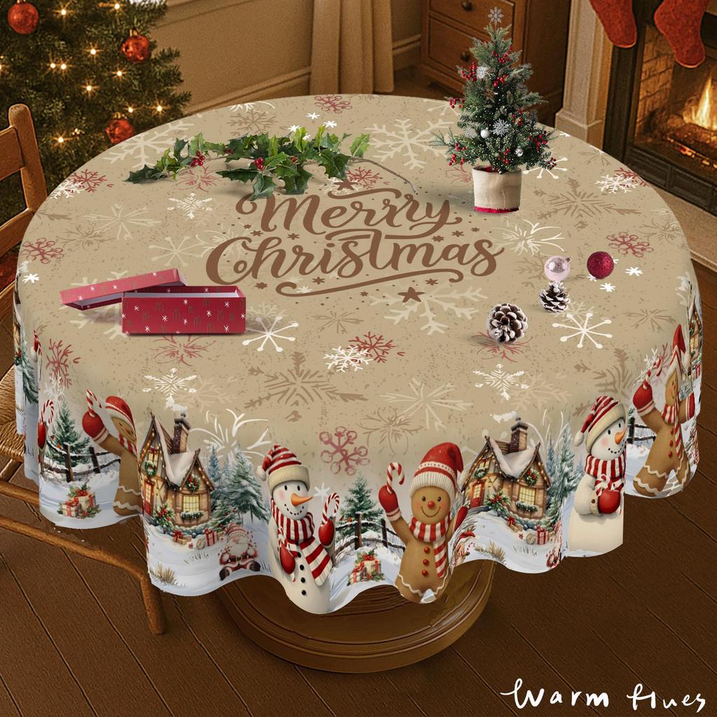 Round Christmas Tablecloth Santa Nutcracker Snowman Print Holiday Dining Table Cover Dustproof Home Decoration 150cm