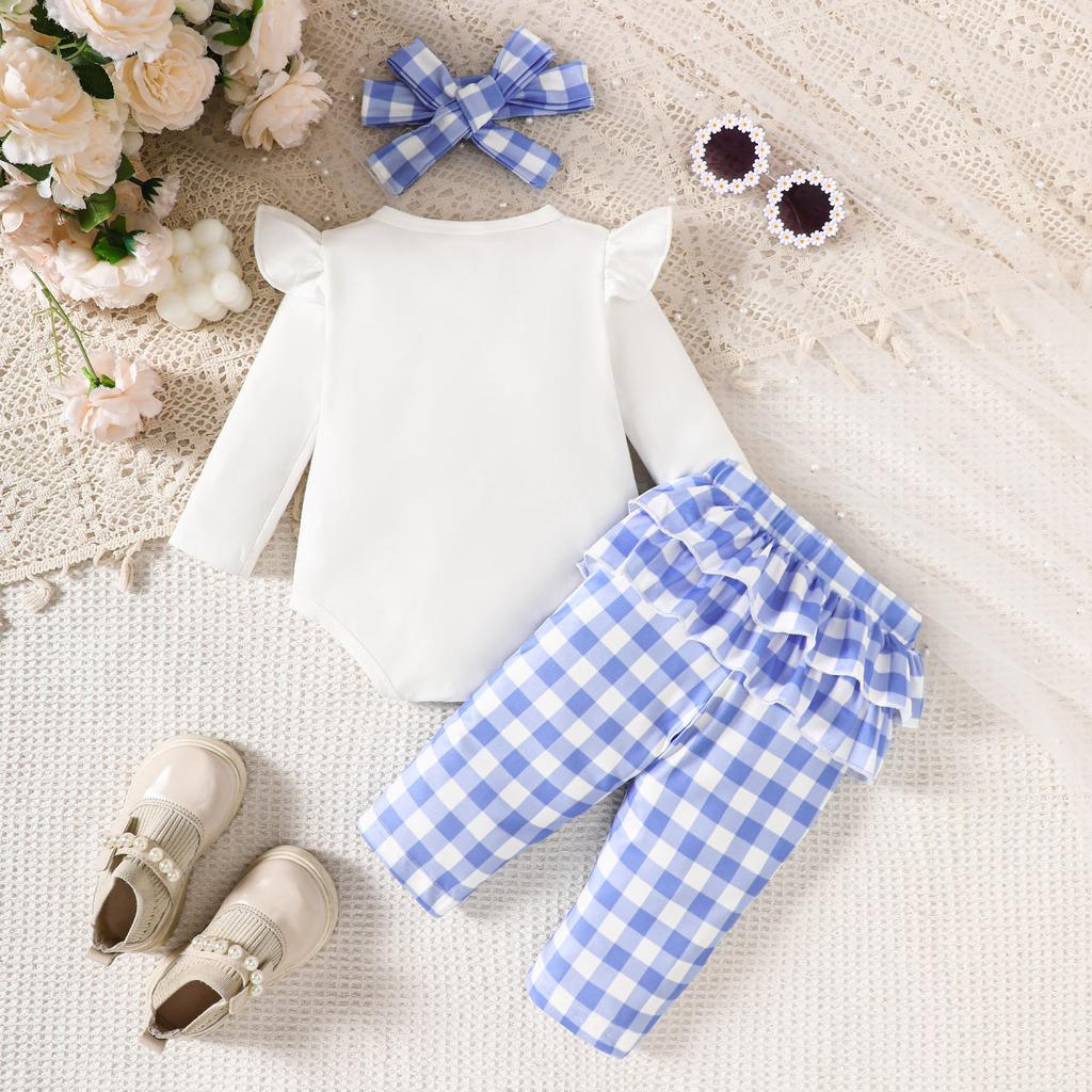 Conjunto de tres piezas de verano para niñas: pantalones largos a cuadros caqui con estampado de lazo de manga larga + diadema