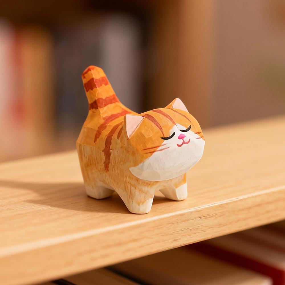 Cute Cat Animals Figurine Decorative Wooden Ornament Miniature Kitten Coffee Home Bedroom Office Desk Decoration Gift Statue