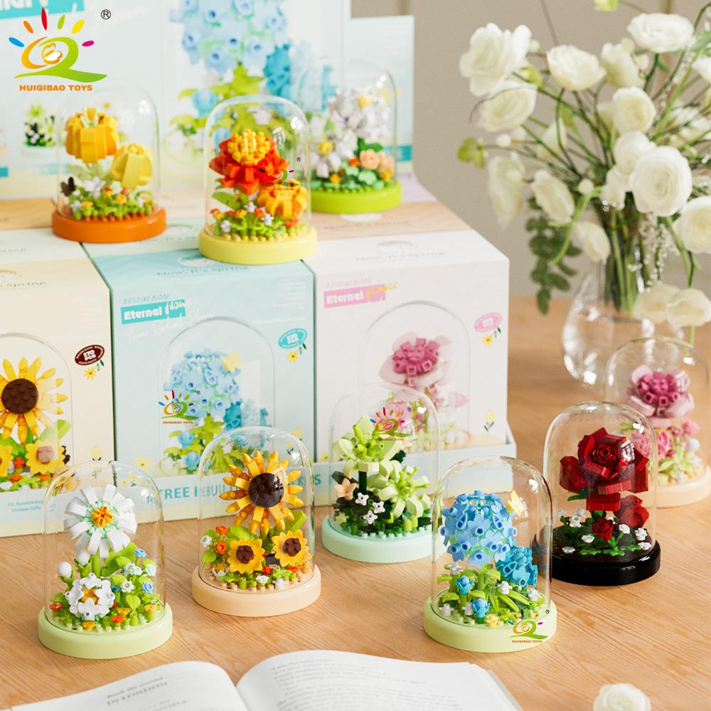 Non-Toxic Moc Flower Display Box Micro Building Block Rose Succulent Mini 3D Diamond Model Brick Toy For Children Desk Decoration