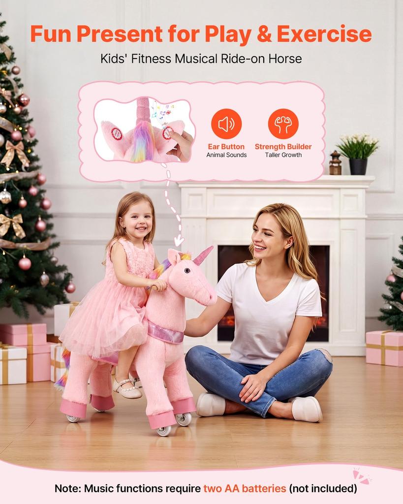 Ride On Horse, Riding Pink Unicorn Toys for Kids, No Battery Required, Smooth Wheels with Anti-Roll Stop Ring, Upgraded Raised Seat, Handles, Pedals,