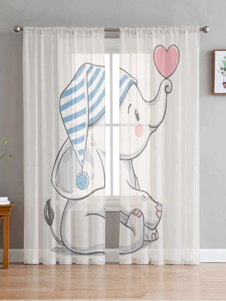Cartoon Little Elephant With Star And Moon Sheer Curtains For Living Room Window Transparent Voile Tulle Curtain Bedroom Drapes
