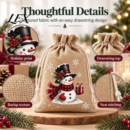 Small Fabric Gift Packaging Christmas Jute Burlap Bags, Drawstring Treat Candy Pouches Bag, Reusable Linen Pouch for Holiday Party Favors Decor