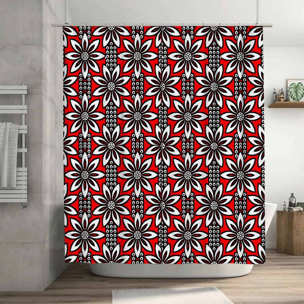 Red White Floral Print Shower Curtain Modern Bathroom Decor for Bathtub, Water Resistant Fabric with Hook Rings (Size: 72 x 84 i
