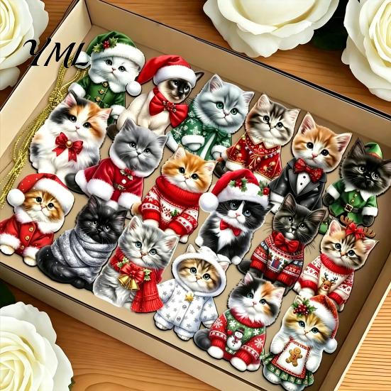 Christmas Gift Decorations Cute Cat Ornaments, 2D Wooden Cartoon Tree Festive Party Supplies Hanging for Winter Holiday Home Decor Ornaments