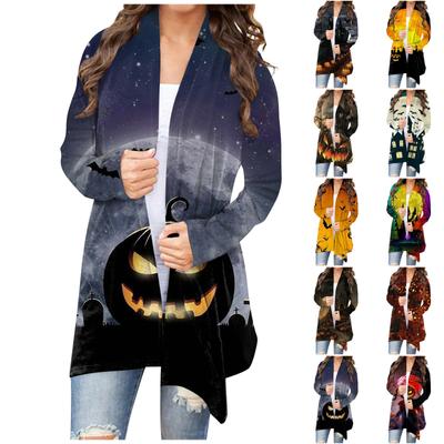 Damenmode Lässige Halloween-Print Langarm Midi Strickjackenjacke