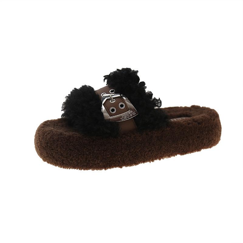 Thick-bottomed curled fluffy slippers for women's outer wear, velvet warm and fashionable one-word belt buckle 2025 autumn and winter new cotton sl