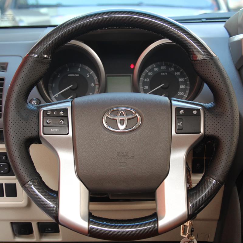 

для Toyota Land Cruiser Prado 2010-2017 Ручная прошивка Нескользящая Черная кожа Отделка под персиковое дерево Чехол на руль автомобиля style 2