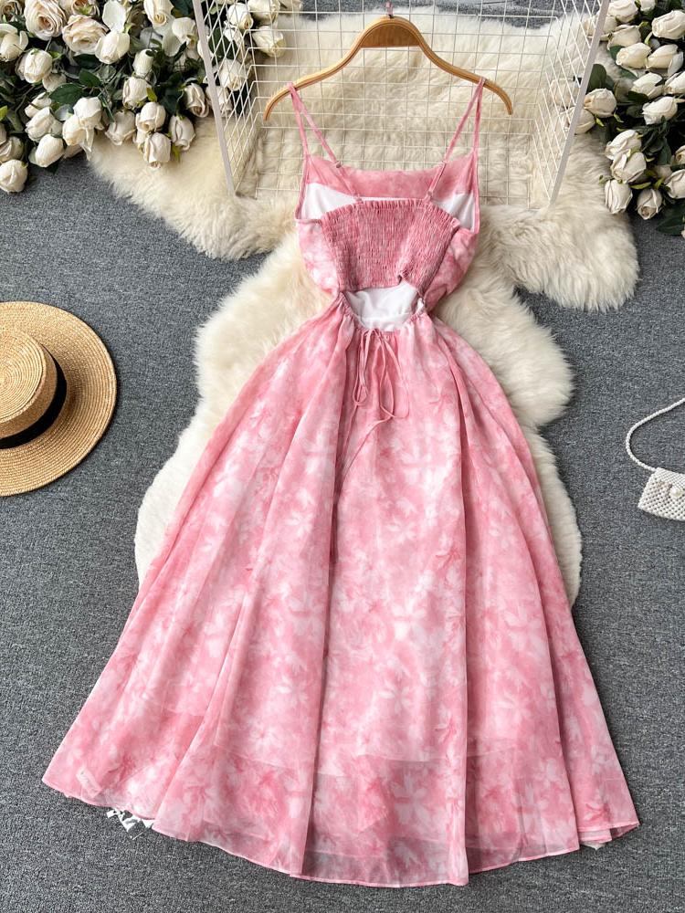 Strap Hollow Out Sexy Long Dress Women Sleeveless Elastic Vacation Chiffon Floral Print Dress Female Beach Sundress Summer New