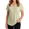 Women's Fashion Solid Color V Neck Button Pocket Short Sleeved Shirt Cotton Casual  T-shirt Top