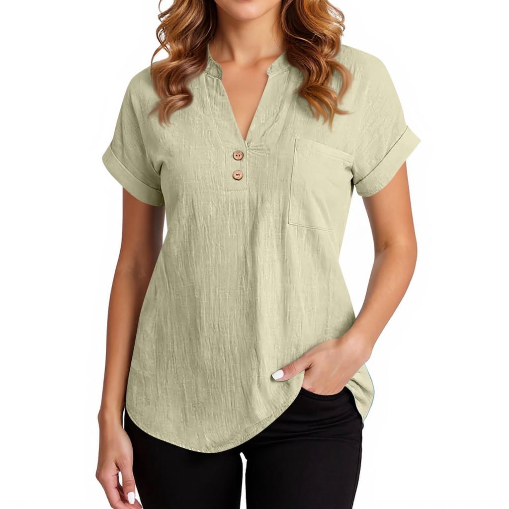 Women's Fashion Solid Color V Neck Button Pocket Short Sleeved Shirt Cotton Casual  T-shirt Top