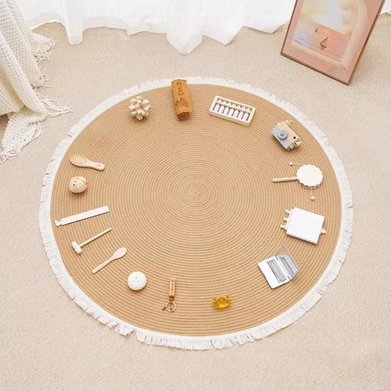 Braided Round Area Rug Vintage Cotton Rope Floor Mat with Fringe Washable Rustic Tassel Carpet for Living Room Bedroom