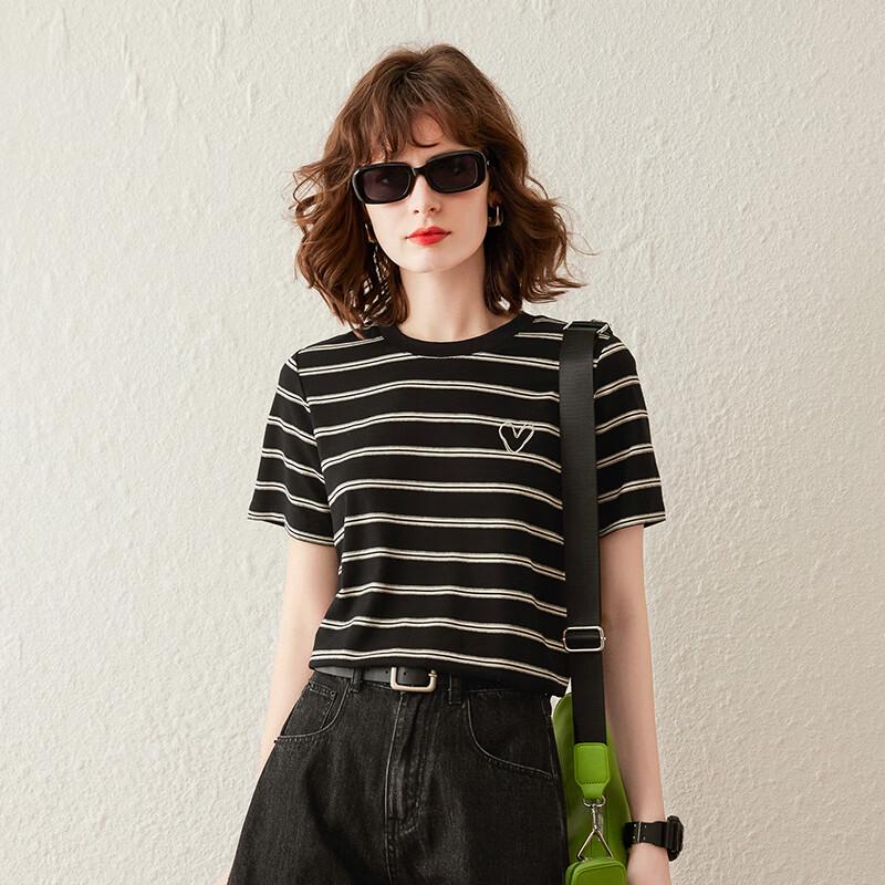 Bailuyu Women s Embroidered Contrast Stripe Loose Fit T-Shirt S