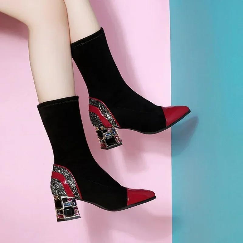 2024 NEW Women's Boots Fabric High Heel Autumn Sock Boots Women Fashion Zipper Pumps Pointed Toe Slip on All-match Single Boots