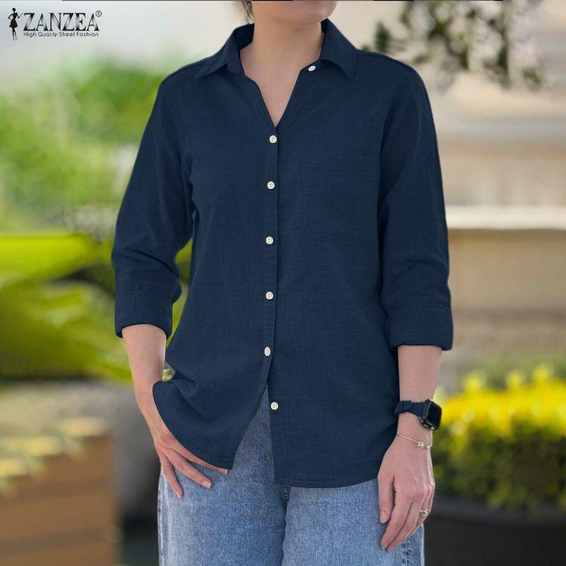 ZANZEA Bluză casual cu mânecă lungă, cu guler răsturnat pentru femei