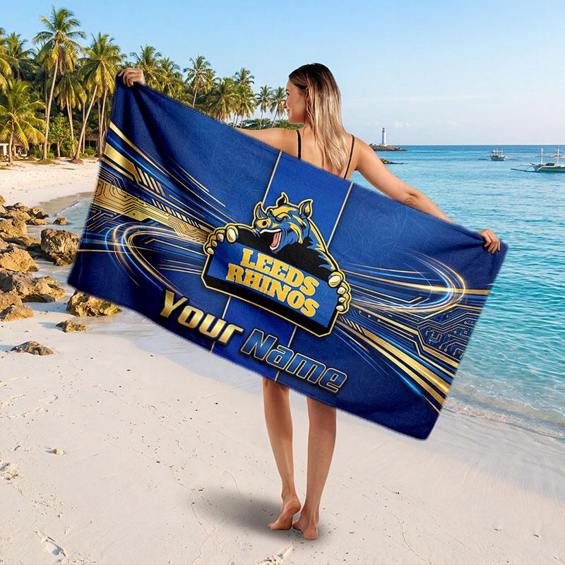 Leeds Rhinos Customized Name Text Beach Towel, Soft Absorbent Towel Beach Pool Travel Personal Gift