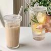 1pc-Stripe Glass Cup Transparent Glasses with Lid and Straw Ice Coffee Mug Tea Cup Juice Glass Milk Water Cup Drinkware