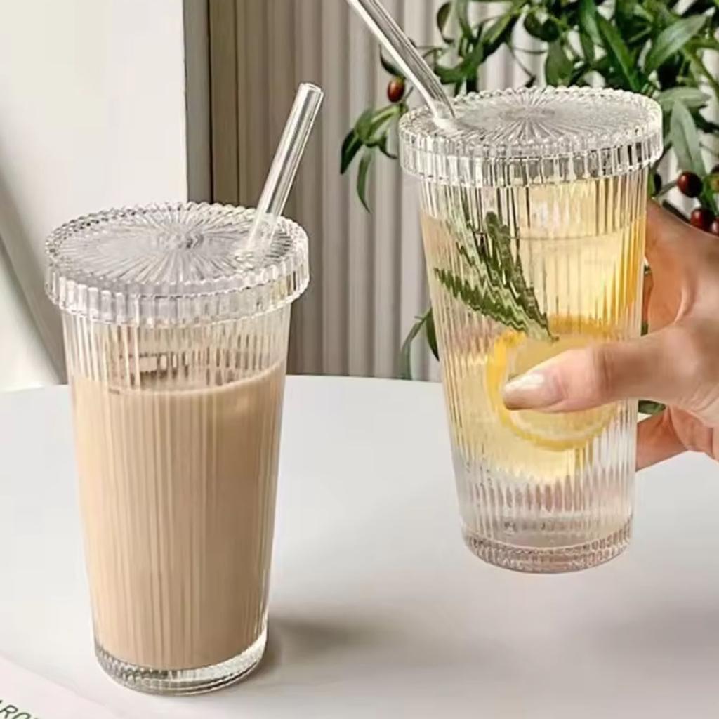 1pc-Stripe Glass Cup Transparent Glasses with Lid and Straw Ice Coffee Mug Tea Cup Juice Glass Milk Water Cup Drinkware