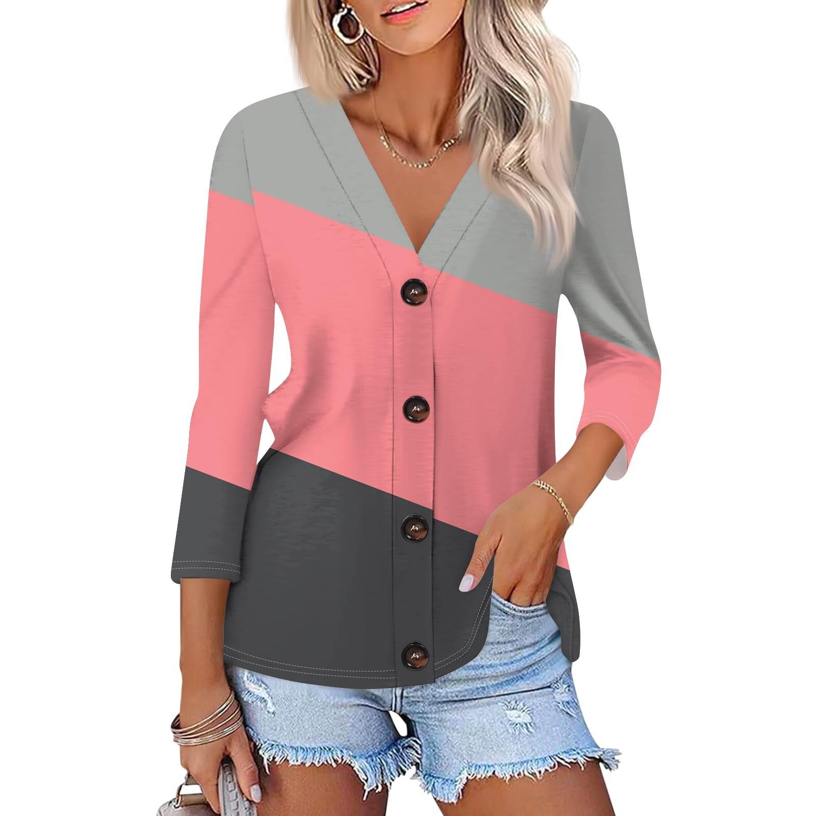 

Женская модная повседневная рубашка на пуговицах с геометрическим принтом в полоску, топ-кардиган с рукавом три четверти XL розовый